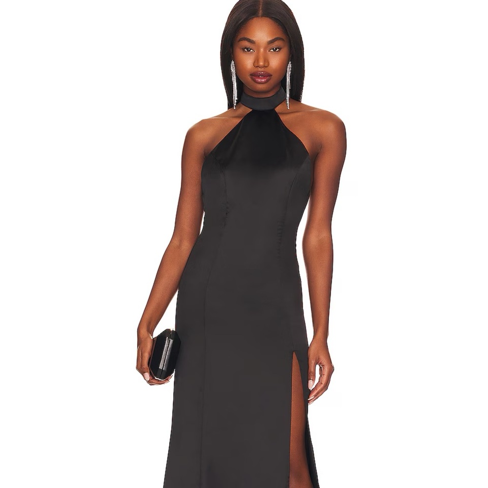 Lovers & Friends Chapman Gown in Black Satin Mermaid Formal Backless Halter Smal